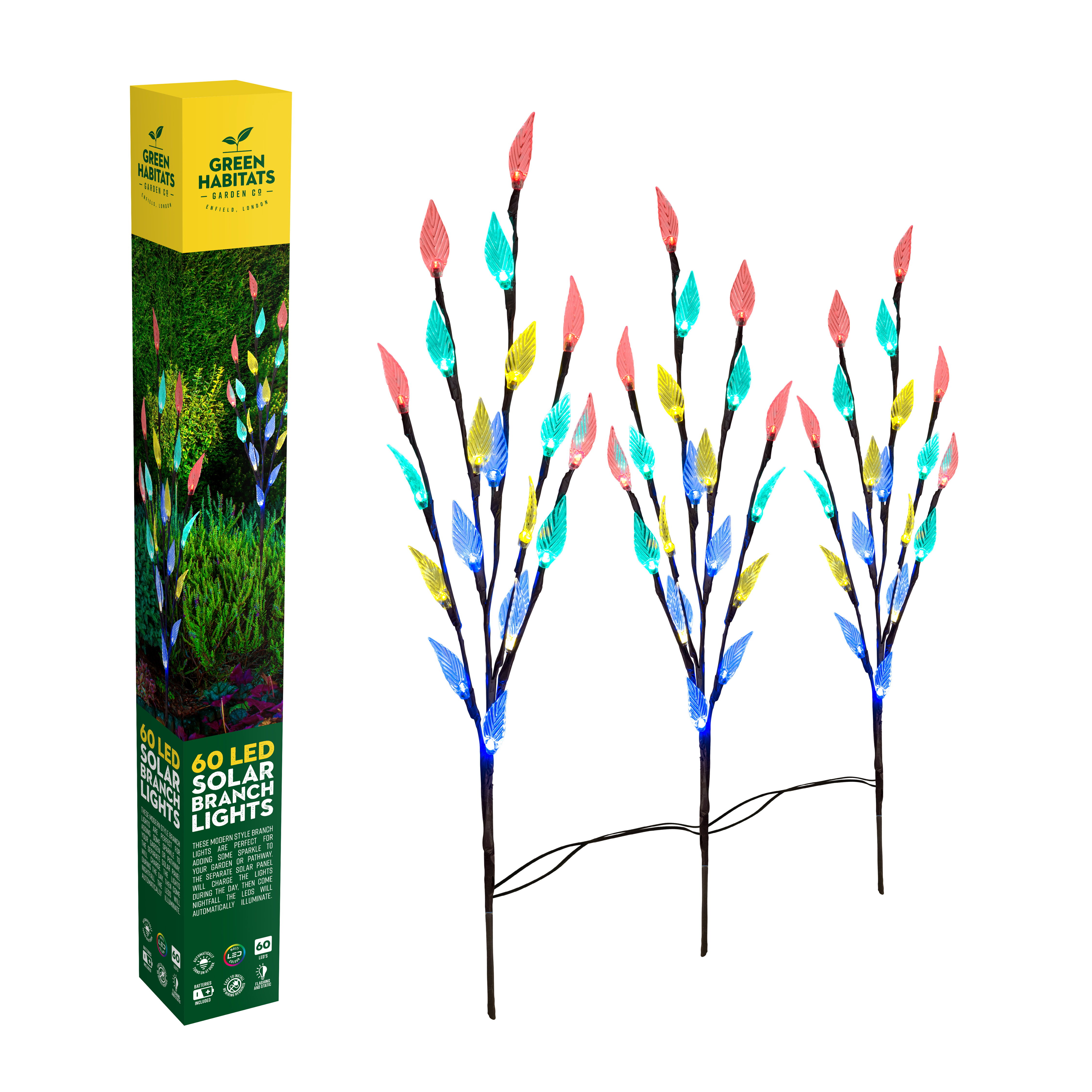 3 x Stylish Colour Led Lights Branch Tree Leaf Solar Powered Outdoor